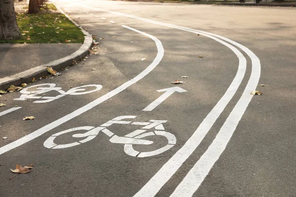 柏油上有白色标志的双向自行车道 — 图库照片