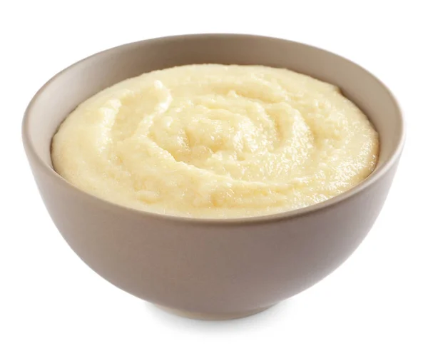 Bowl Delicious Semolina Pudding White Background — Stock Photo, Image