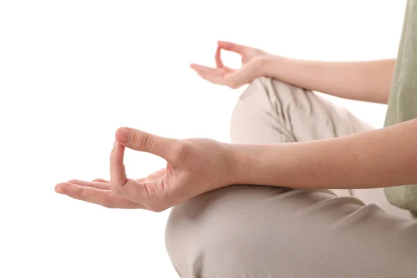 Beyaz Arka Plan Üzerinde Meditasyon Yapan Kadın Yakın Plan Görünümü — Stok fotoğraf