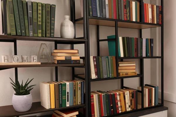 図書室の棚の上のさまざまな書籍や装飾的な要素のコレクション — ストック写真