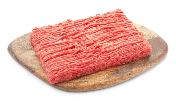 Houten Bord Met Rauw Vers Gehakt Vlees Witte Ondergrond — Stockfoto