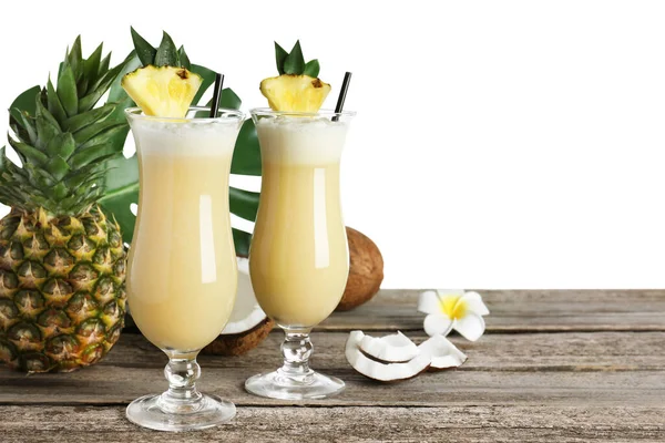 Tasty Pina Colada Cocktail Ingredients Wooden Table White Background Space — Stock Photo, Image