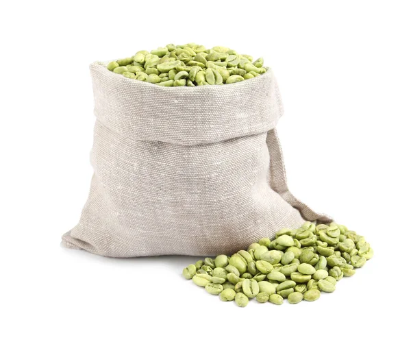 Zakdoek Tas Met Groene Koffiebonen Witte Achtergrond — Stockfoto