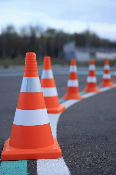 Driving School Test Track Marking Lines Focus Traffic Cone — Stock Photo, Image