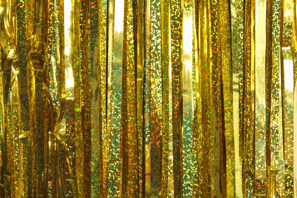 Shiny Golden Tinsel Background Closeup Christmas Decoration — Stock Photo, Image