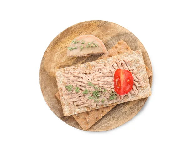 Crispy Crackers Delicious Meat Pate Tomato Thyme Isolated White Top Stock Picture
