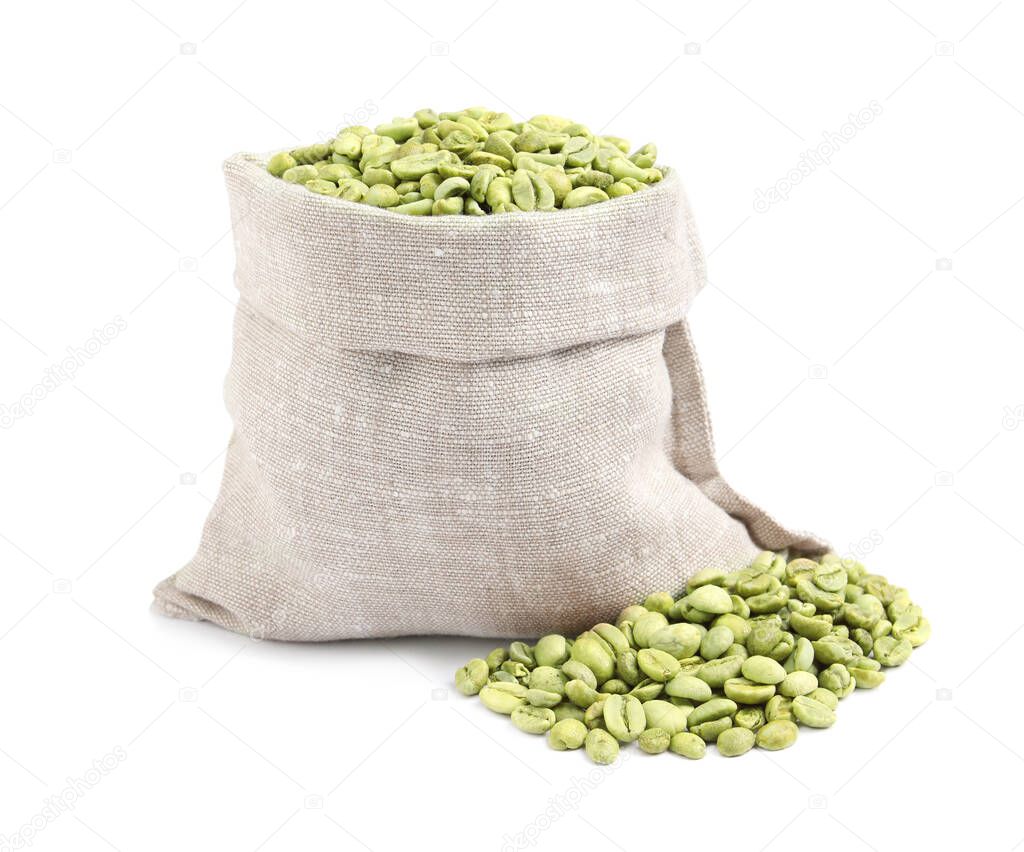 Sackcloth bag with green coffee beans on white background