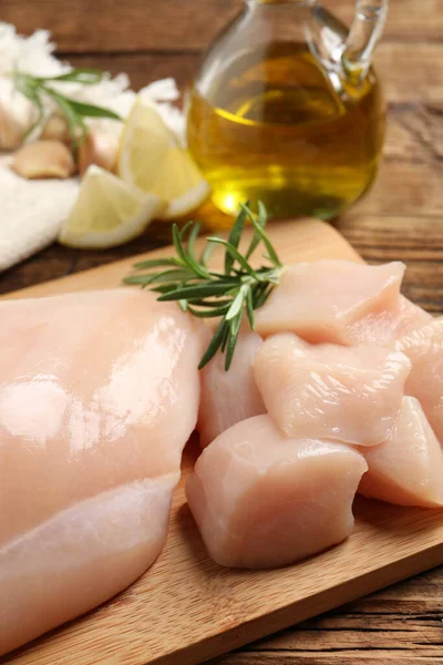 Fresh Raw Chicken Breast Rosemary Wooden Table Closeup — Stock Photo, Image