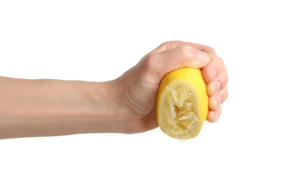 Woman Squeezing Lemon Half White Background Closeup — Stock Photo, Image