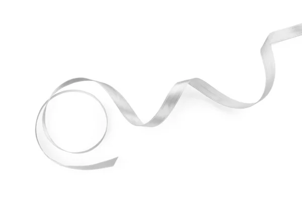 Silver Satin Ribbon White Background Top View — Stock Photo, Image