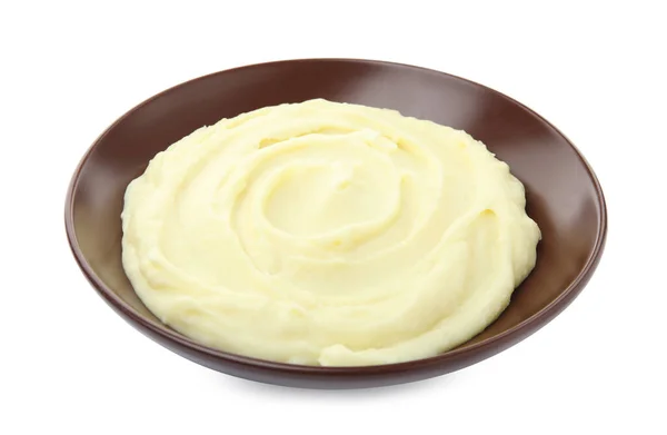 Bord Met Vers Gekookte Zelfgemaakte Aardappelpuree Geïsoleerd Wit — Stockfoto