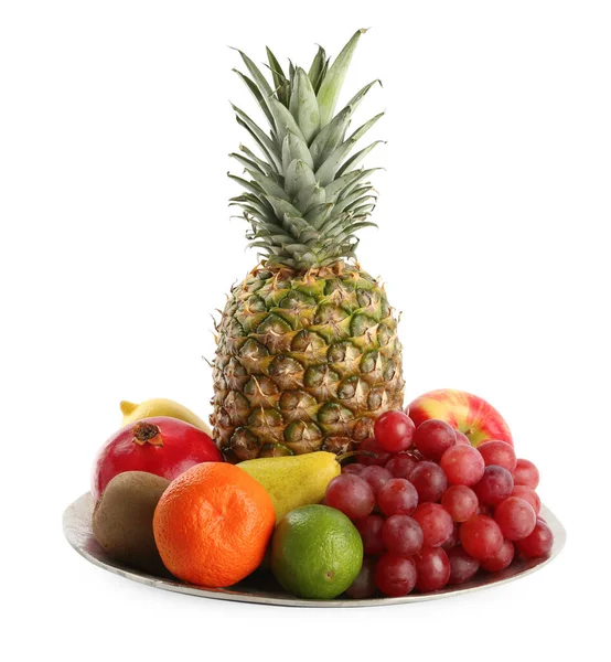 Plate Fresh Ripe Fruits White Background — Stock Photo, Image