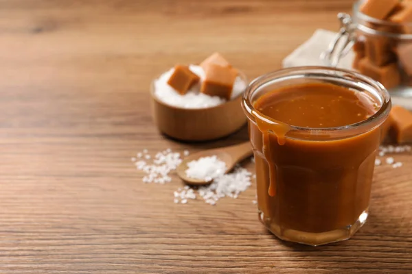 Tasty Salted Caramel Wooden Table Space Text — Stock Photo, Image