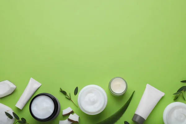 Body Cream Other Cosmetic Products Ingredients Light Green Background Flat — Stock Photo, Image