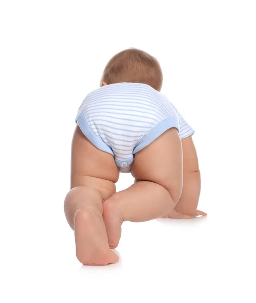 Lindo Bebé Niño Arrastrándose Sobre Fondo Blanco Vista Trasera — Foto de Stock