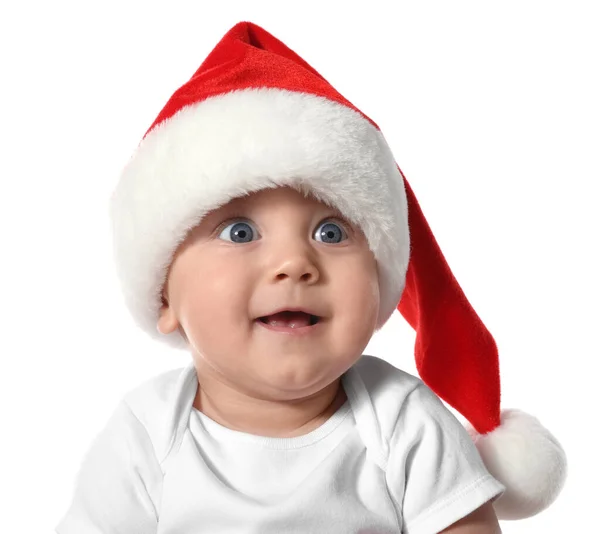 Bebê Bonito Chapéu Papai Noel Fundo Branco Celebração Natal — Fotografia de Stock