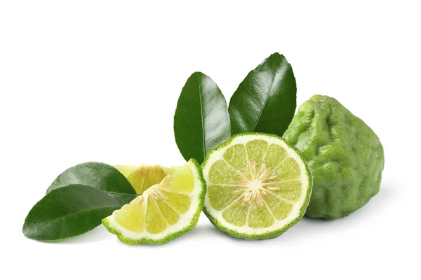 Świeże Dojrzałe Owoce Bergamot Zielone Liście Białym Tle — Zdjęcie stockowe