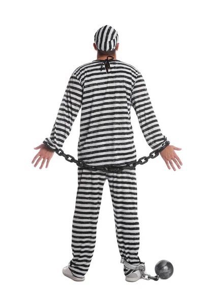 Prisoner Special Uniform Chained Hands Metal Ball White Background Back — Stock Photo, Image