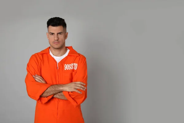 Prisoner Orange Jumpsuit Grey Background Space Text — Stock Photo, Image