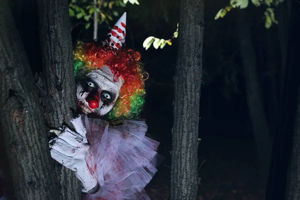 Terrifiant Clown Caché Derrière Les Arbres Extérieur Nuit Costume Fête — Photo