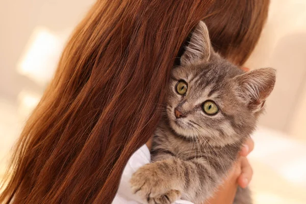 Nettes Kleines Mädchen Mit Kätzchen Drinnen Rückansicht Haustier Der Kindheit — Stockfoto