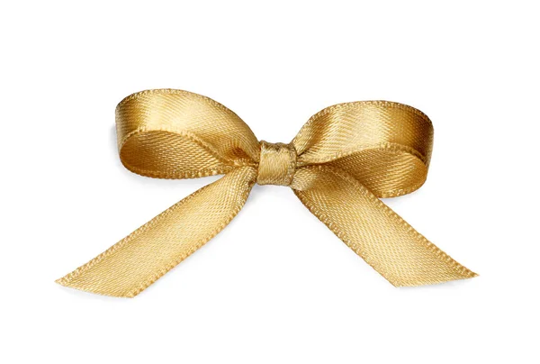 Fita Cetim Dourado Amarrado Arco Fundo Branco Vista Superior — Fotografia de Stock