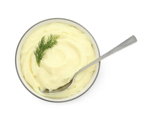 Bowl Freshly Cooked Homemade Mashed Potatoes Spoon Isolated White Top — Stock Photo, Image