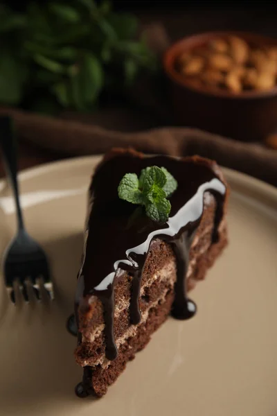 Stück Leckerer Hausgemachter Schokoladenkuchen Mit Minze Auf Teller Nahaufnahme — Stockfoto