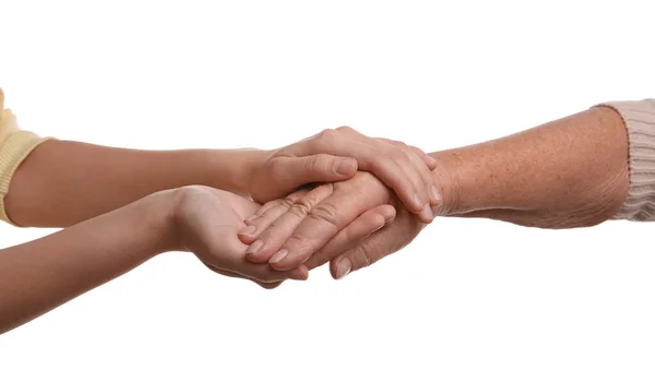 Young Elderly Women Holding Hands Together White Background Closeup — Stock Photo, Image