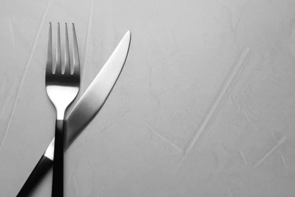 Fork Knife Grey Table Flat Lay Space Text — Stock Photo, Image