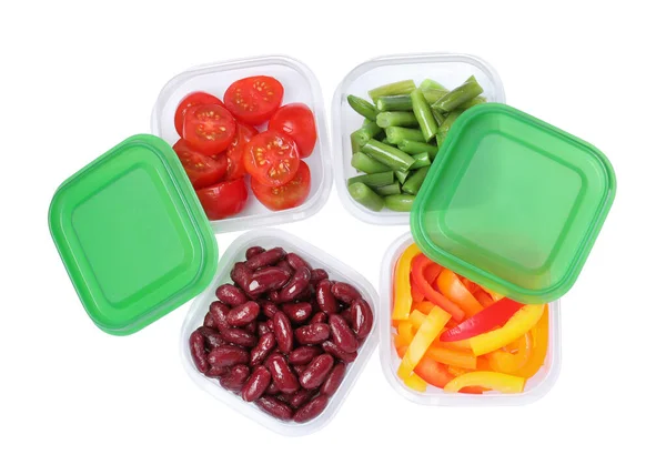 Fresh Vegetables Plastic Containers White Background Top View — Stock Photo, Image