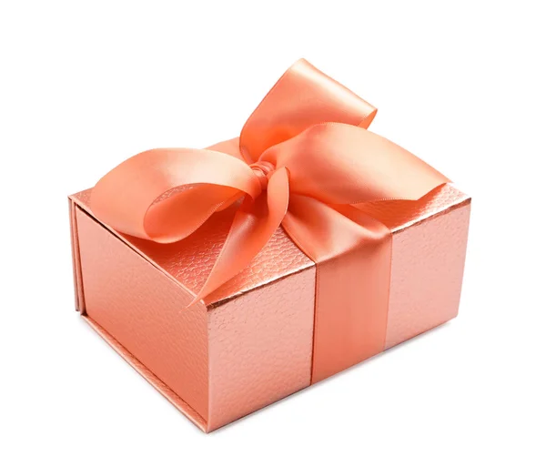 Gift Box Decorated Satin Ribbon Bow White Background — 图库照片