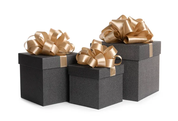 Black Gift Boxes Golden Bows White Background — Stock Photo, Image