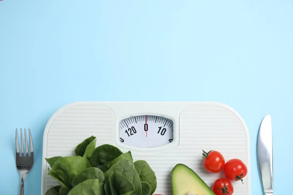 Scales Healthy Food Cutlery Light Blue Background Flat Lay Space — Stock Photo, Image