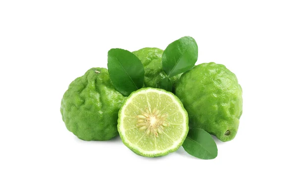 Fresh Ripe Bergamot Fruits Green Leaves White Background — 图库照片