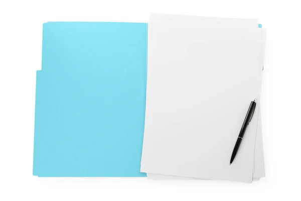 绿松石文件 空白的纸和黑笔隔离在白色 顶部视图 设计空间 — 图库照片