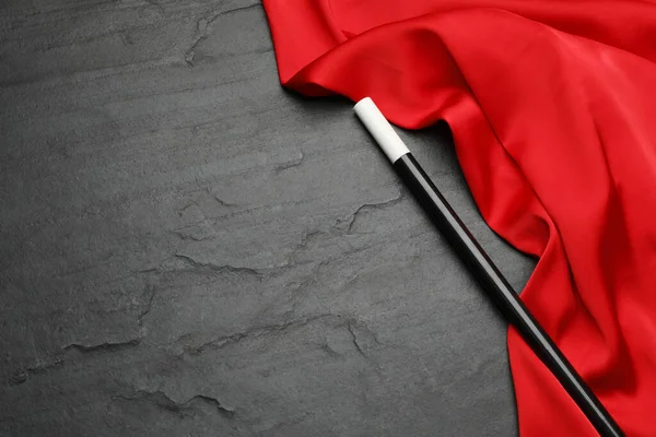 Beautiful Magic Wand Red Fabric Black Table Top View Space — Stock Photo, Image