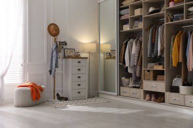 Kıyafet dolabında farklı kıyafetler, ayakkabılar ve ev eşyaları var.