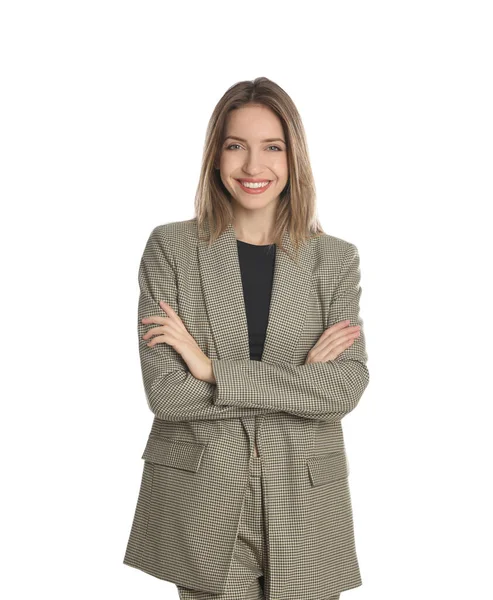 Retrato Bela Jovem Mulher Terno Moda Fundo Branco Traje Negócios — Fotografia de Stock