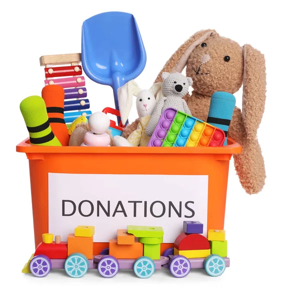 Caixa Doação Diferentes Brinquedos Isolados Branco — Fotografia de Stock