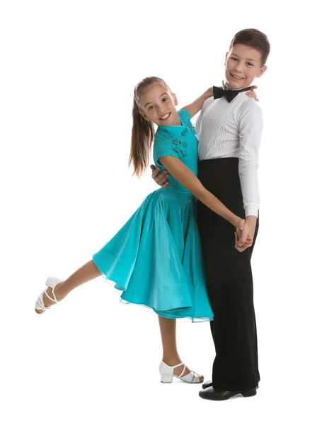 Hermosa Pareja Niños Bailando Sobre Fondo Blanco —  Fotos de Stock