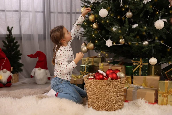 Cute Little Child Decorating Christmas Tree Home — Stock Photo, Image