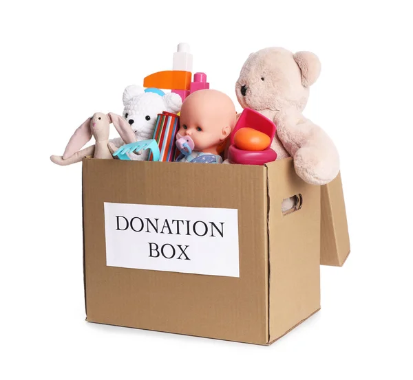 Donation Box Full Different Toys Isolated White — 图库照片