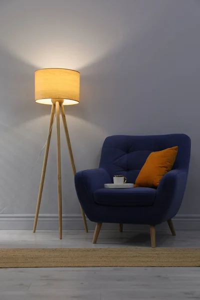 Stylish Tripod Floor Lamp Blue Armchair Indoors Interior Design — Stockfoto