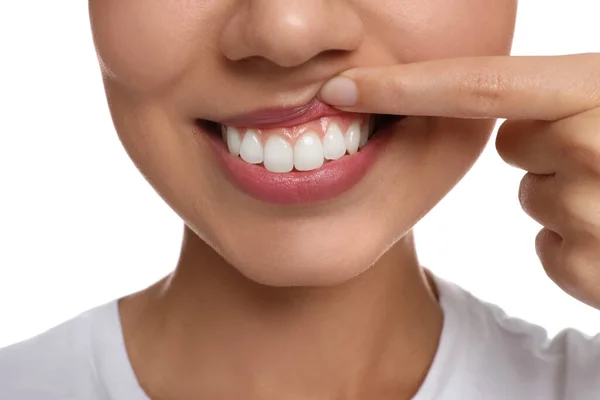 Young Woman Healthy Teeth White Background Closeup — Stock Photo, Image