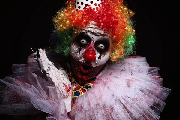 Furchterregender Clown Auf Schwarzem Hintergrund Halloween Party Kostüm — Stockfoto