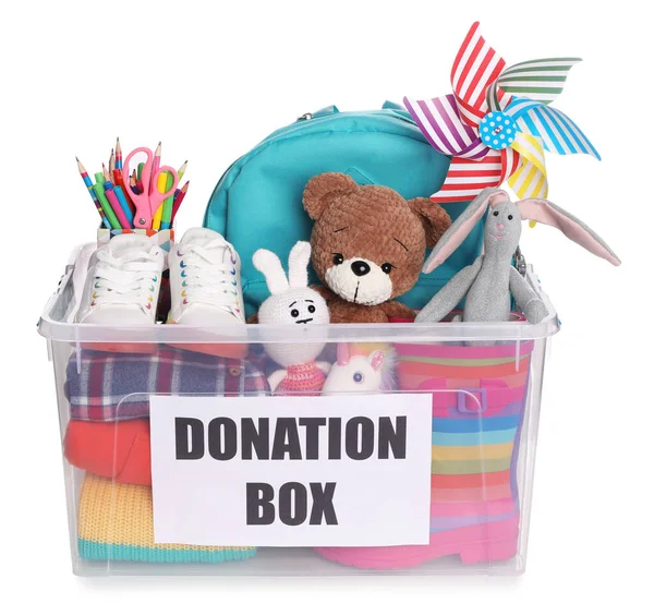 Donation Box Full Different Toys Clothes Stationery Isolated White — Stock Photo, Image