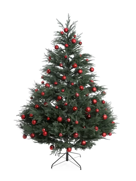 Gyönyörű Díszített Karácsonyfa Elszigetelt Fehér — Stock Fotó