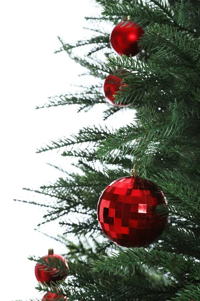 Beautiful Christmas Tree Red Baubles White Background Closeup — Stock Photo, Image