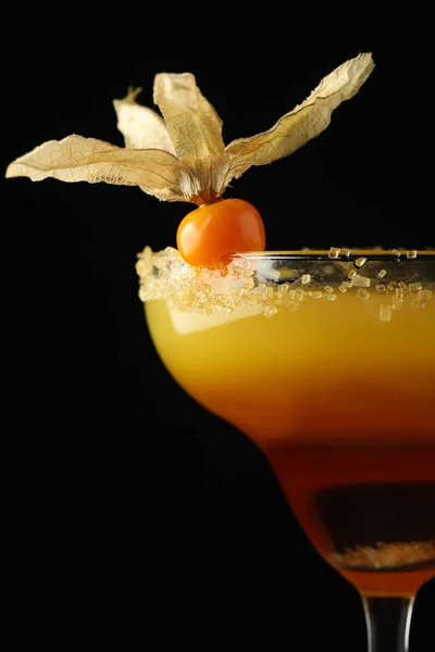 Tasty Cocktail Decorated Physalis Fruit Black Background Closeup — Foto Stock